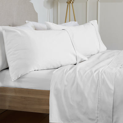 KG Linens™ - Blue Linens™ Sheet Set - Blend Of Cotton And Sustainable Poly 400TC Bedding Sheets And Pillowcases - Extra Soft Durable Fitted Sheet - Deep Pocket Upto 15inch-White